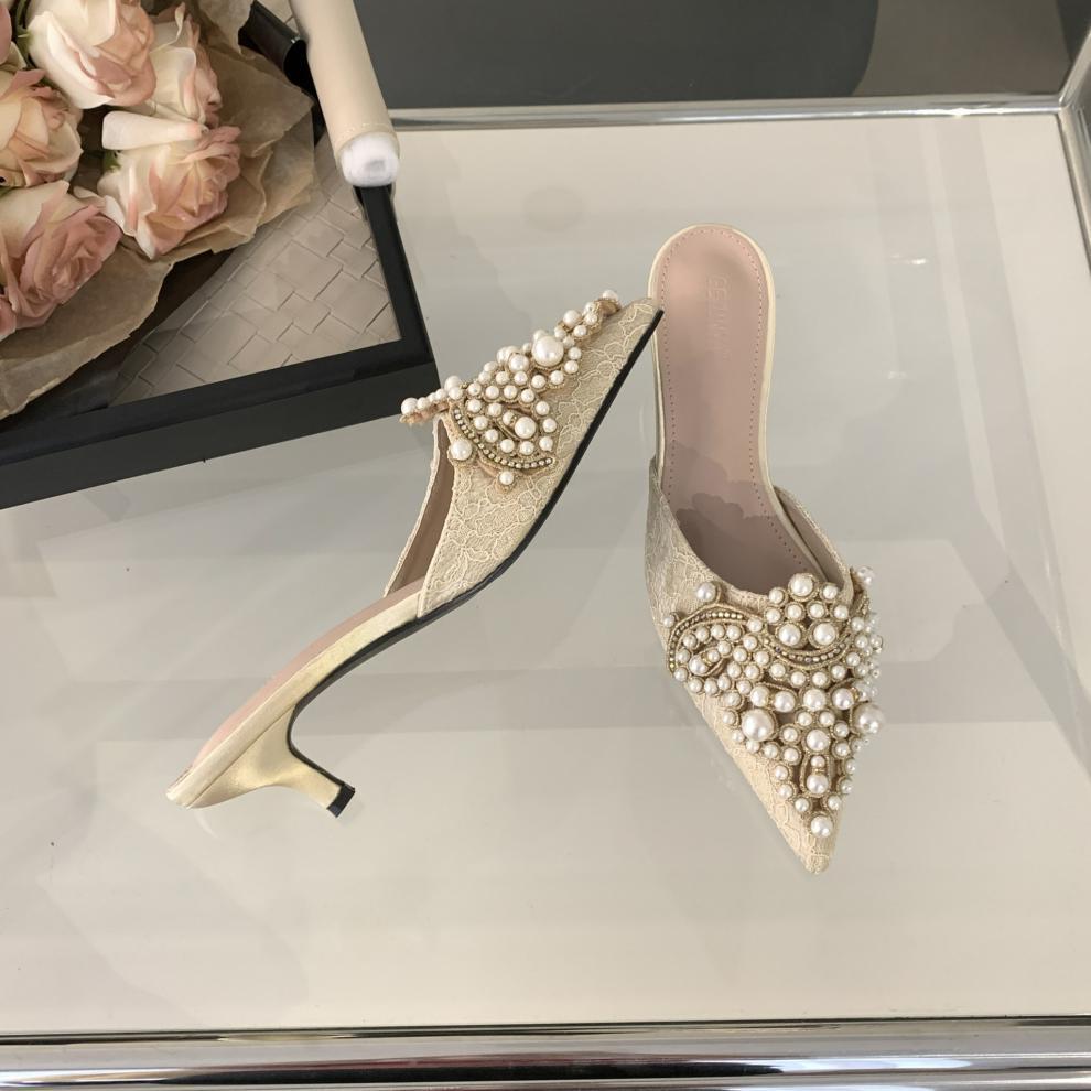 Fashion 2025 Women's Summer New High-heeled Thin-heeled Rhinestone Pearl Lace Bag Head Pointed Sandals