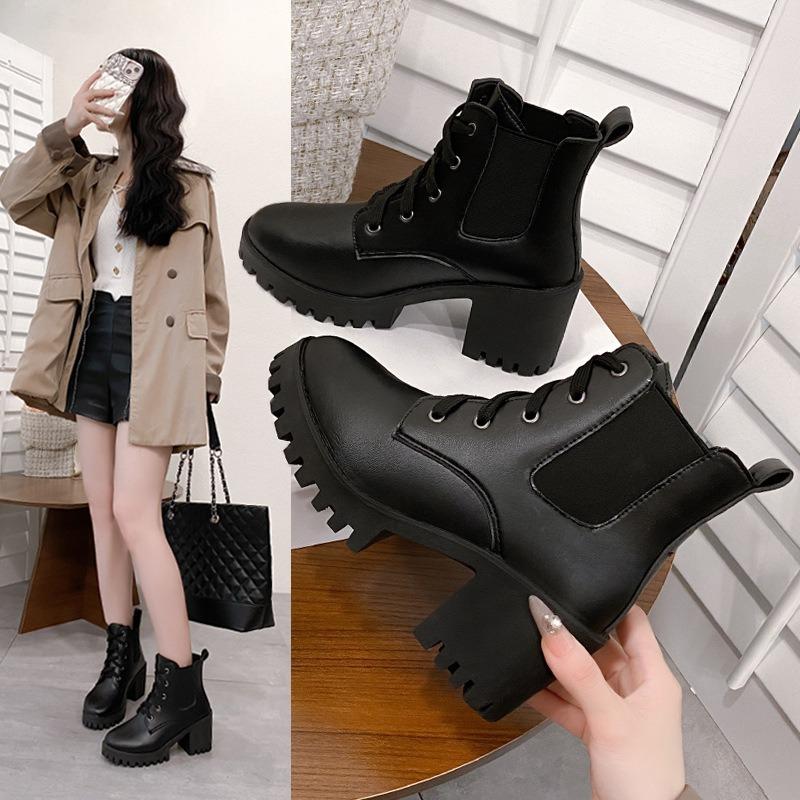 High Heel Spring and Autumn Coarse Heel Lace-up Martin Boots Women's Spring Single Boots Fashion Versatile Platform Locomotive Boots