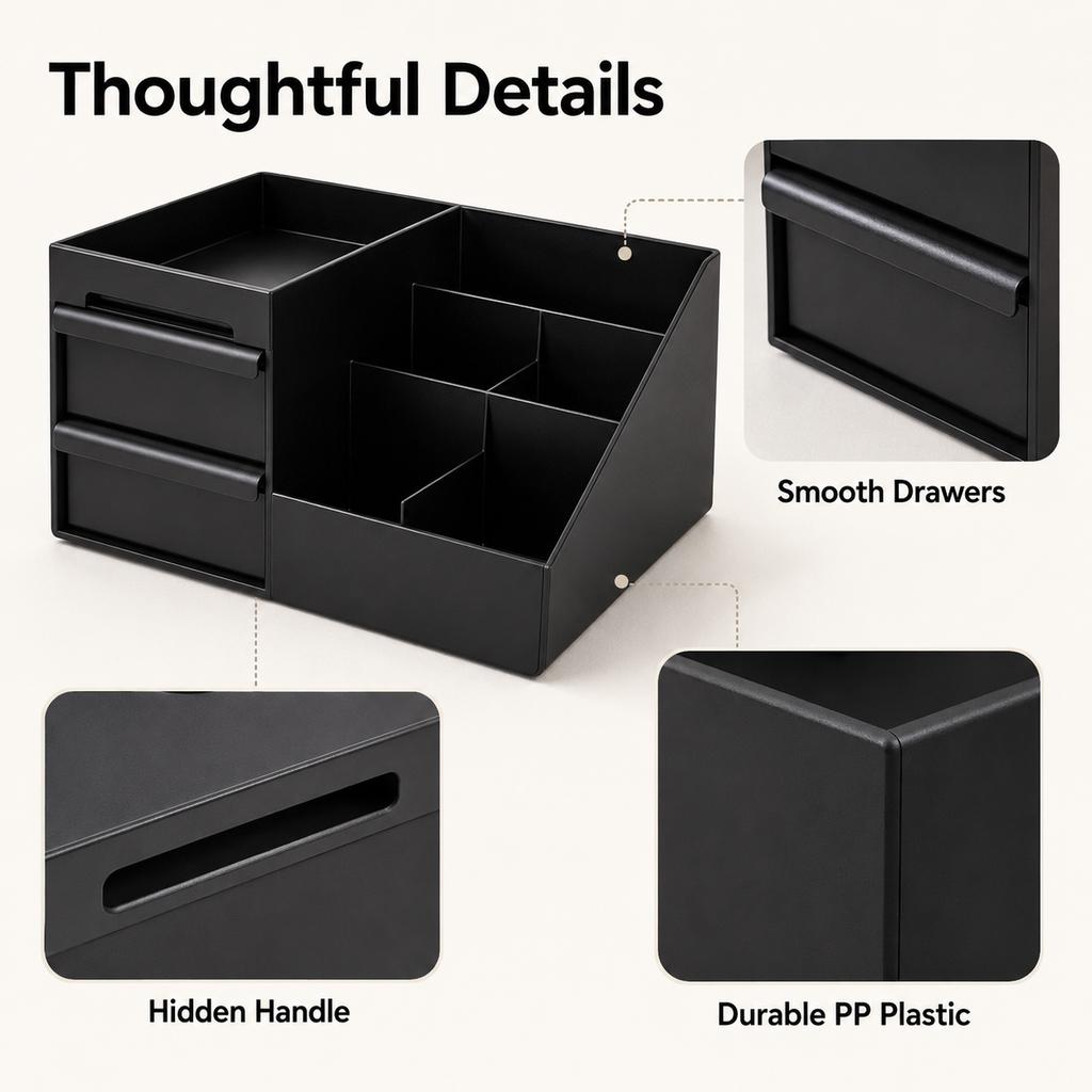 Desktop Makeup Organizer with Drawers Black PP Cosmetic Storage Box Lipstick Holder for Bathroom Vanity