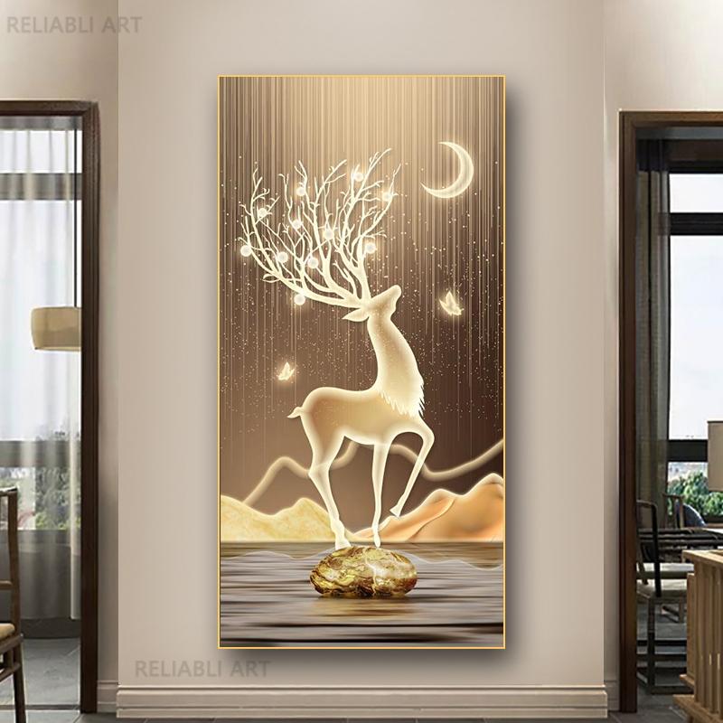 New Chinese Fengshui Golden Deer Canvas Painting Abstract Zen Stone Posters and Prints Modern Luxury Wall Art for Porch Decor