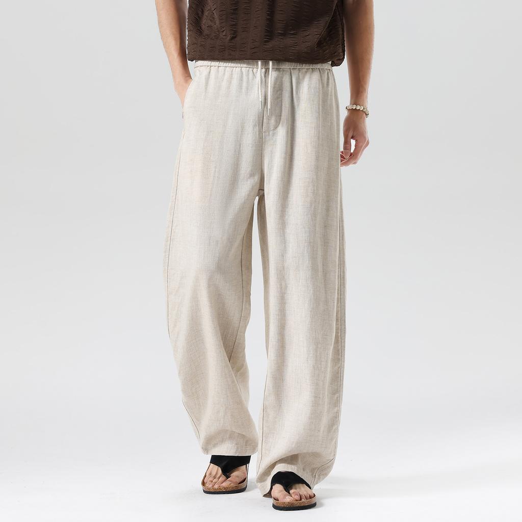 [Plain dyed Tencel Linen] Thin casual pants for men, loose straight leg, wide leg, curved knife, relaxed and comfortable pants