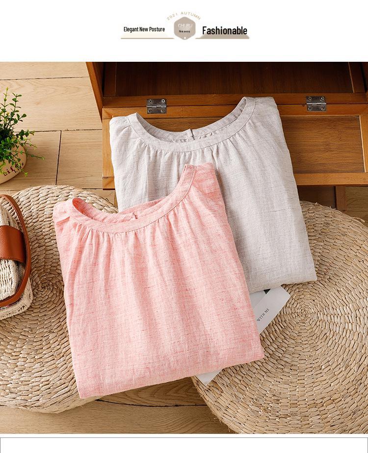 Women's Summer 2026 Imitation Han Linen Short-Sleeve T-Shirt - Artistic Solid Color Design