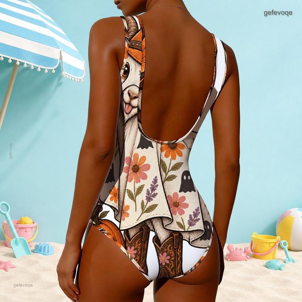 Women Plus Size One Piece Swimsuit High Round Neck Sleeveless Sloth Moon Printed