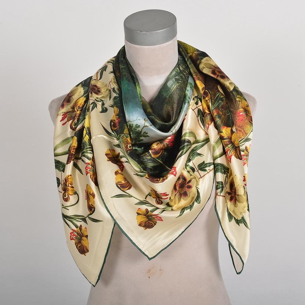 

BYSIFA|New Blue Green 100% Silk Shawl Scarf Women Fashion Floral Design Scarves Hijabs Brand Accessories Scarf Wrap Cape 110*110