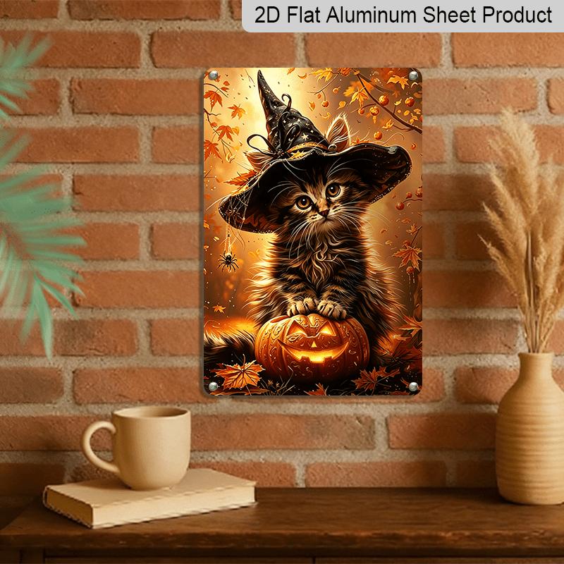 2D Flat, 1pc Autumn Maple Witch Kitty Halloween Aluminum Sign, Pumpkin Decorative Sign, Fun Decor, Halloween Artwork Wall Decor, Modern Wall Art, for