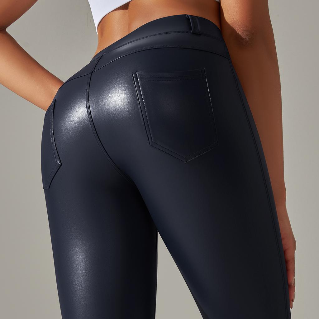 European and American New Sexy PU Leather Pants Large Size Belly Leggings Sports with Pockets Small Pants Abraded Leggings
