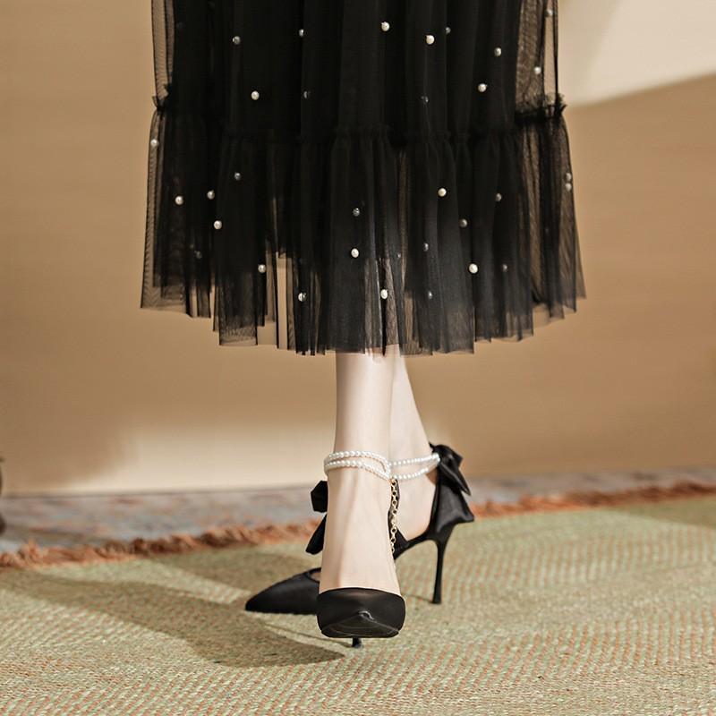 

Однословная пряжка жемчужная цепочка сумка голова сандалии женские новые Ся Синь белое свадебное платье шампанское высокие каблуки туфли 39 чёрный