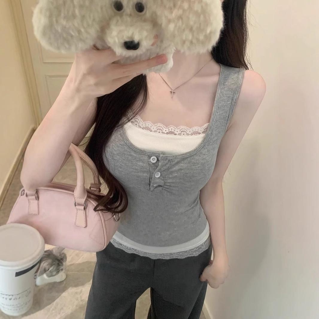 

Кружевной лоскутный колорблок камизоль - Женский летний топ облегающего кроя One Size (up to 125 jin) серый