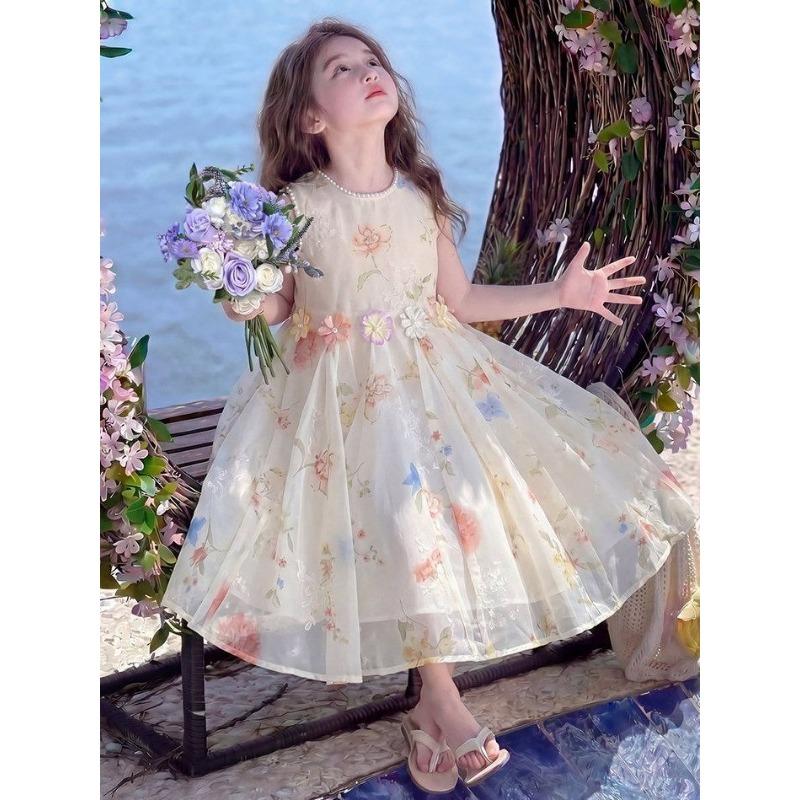 Robe florale rose douce pour filles - Robe de princesse d'été pour enfants