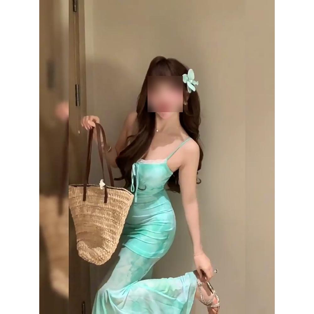 Lace suspender dress women's summer new seaside vacation skirt beautiful mesh fishtail skirt