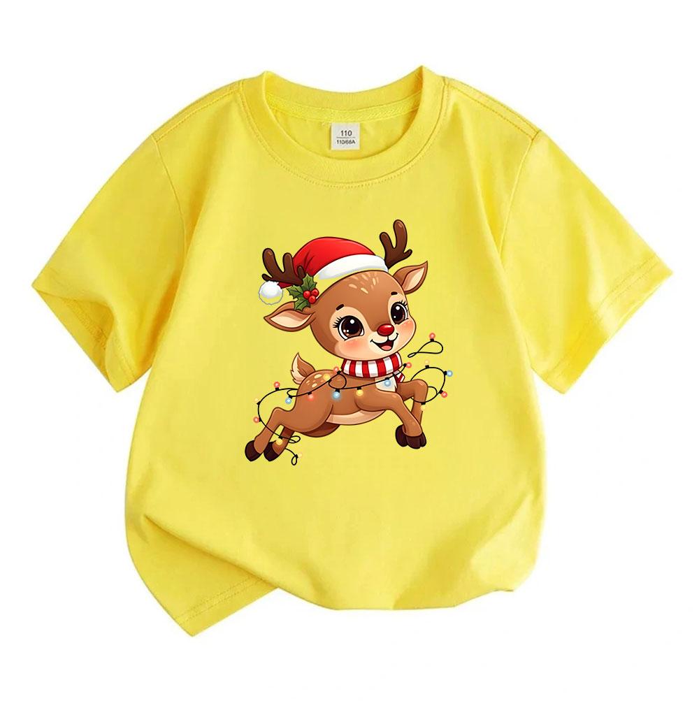 Kids Boys Girls 100% Cotton Crew Neck Short Sleeve T-Shirt, Cute Christmas Reindeer with Santa Hat Fairy Lights Pattern Casual Holiday Tee Tops for Ch