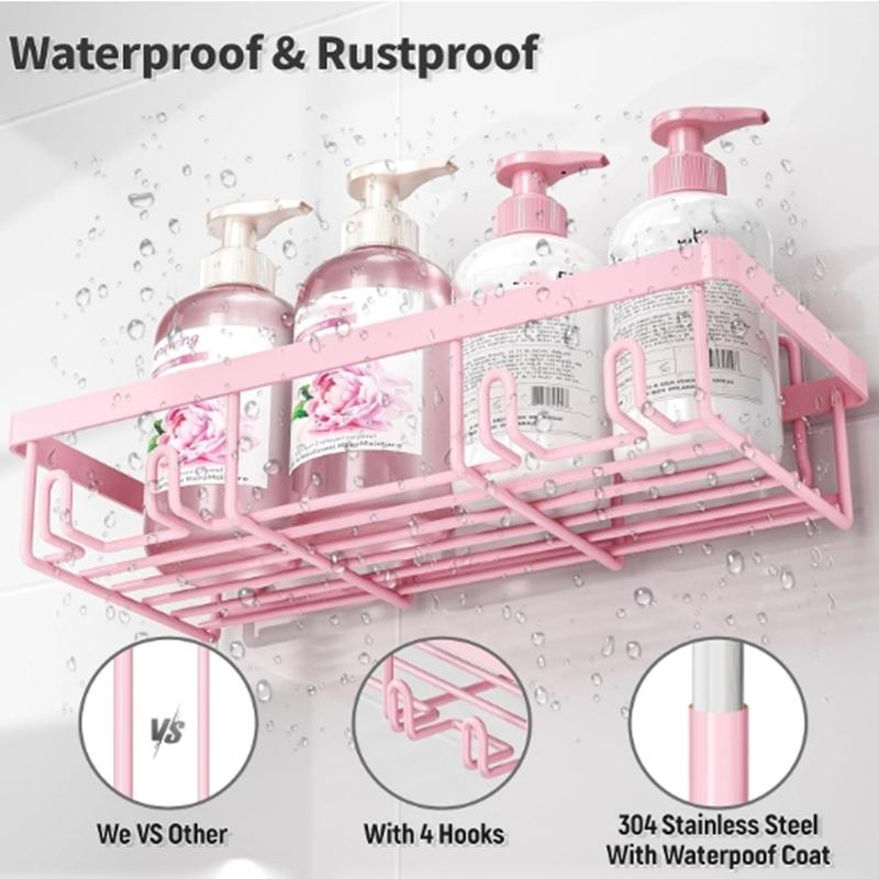 5-Pack Adhesive Shower Caddy Organizer – Rust-Resistant Pink Bathroom Shelf Set for Shampoo & Toiletries, No-Drill Wall Storage