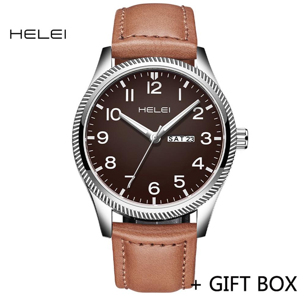HELEI Sport Men Watch Top Brand Luxury Military Waterproof Male Clock Quartz Business Original Leather Wristwatch Gift 9007AL