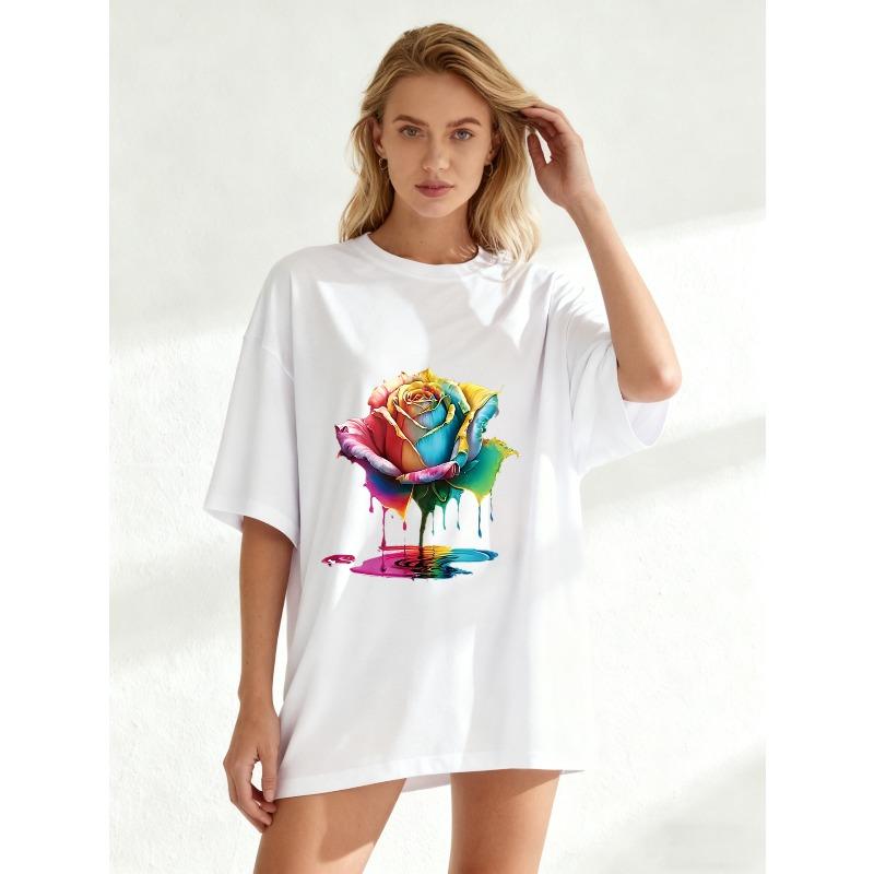 Übergroßes Damen-Kurzarm-T-Shirt mit Regenbogen-Farbverlauf, Tintenspritzer, Rose (mit Farbe-Tropf-Effekt) Drucken