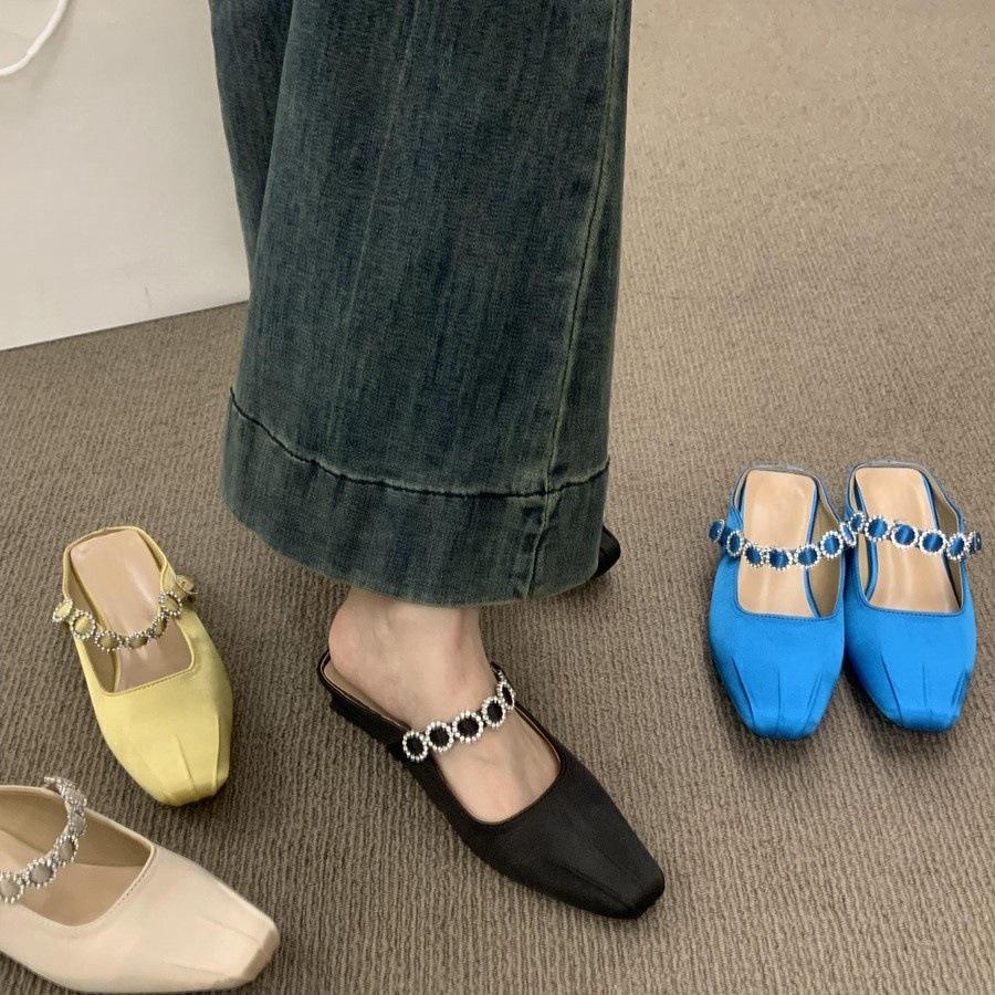 French niche fairy wind bag head half slippers female summer wear lazy one pedal satin low heel muller shoes sandals