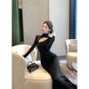Women's Black Sexy Hollow Long Sleeve Dress with High Collar and Slim Fit
