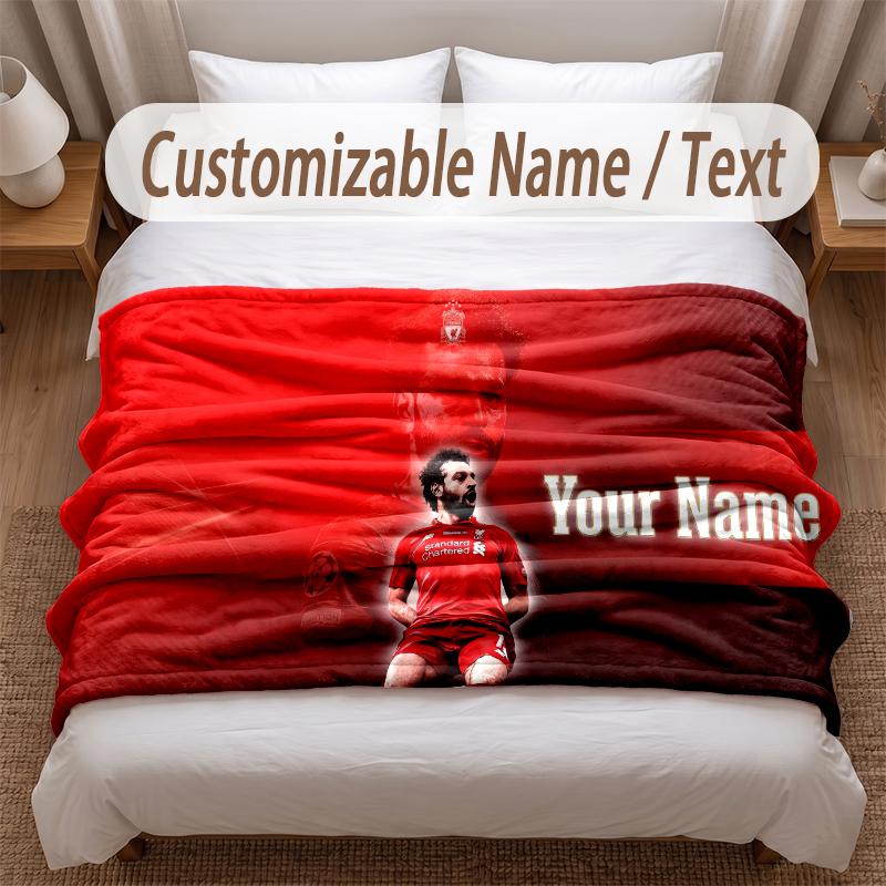 Mohamed Salah Bedruckte Flanelldecke Benutzerdefinierter Name Text Weiche Warme Decke für Schlafzimmer Feiertagsgeschenk