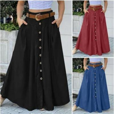 Jupes longues boutonnées taille haute pour femmes, couleur unie, poches, décontractées, printemps-été