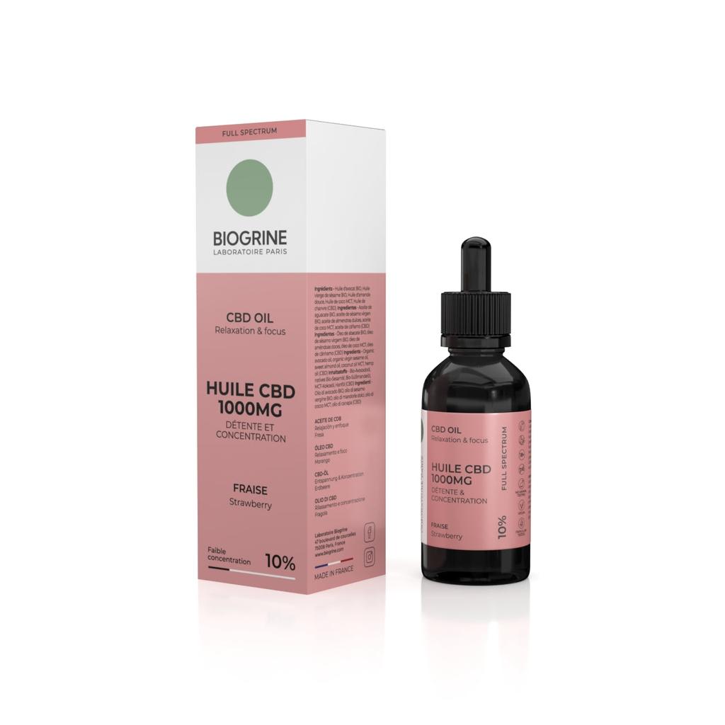 BIOGRINE Масло CBD 1000мг 10%-10мл|Вкус клубники|Формула релаксации, Антистресс, Концентрация|Сублингвальное масло CBD |Хорошее самочувствие|Веган