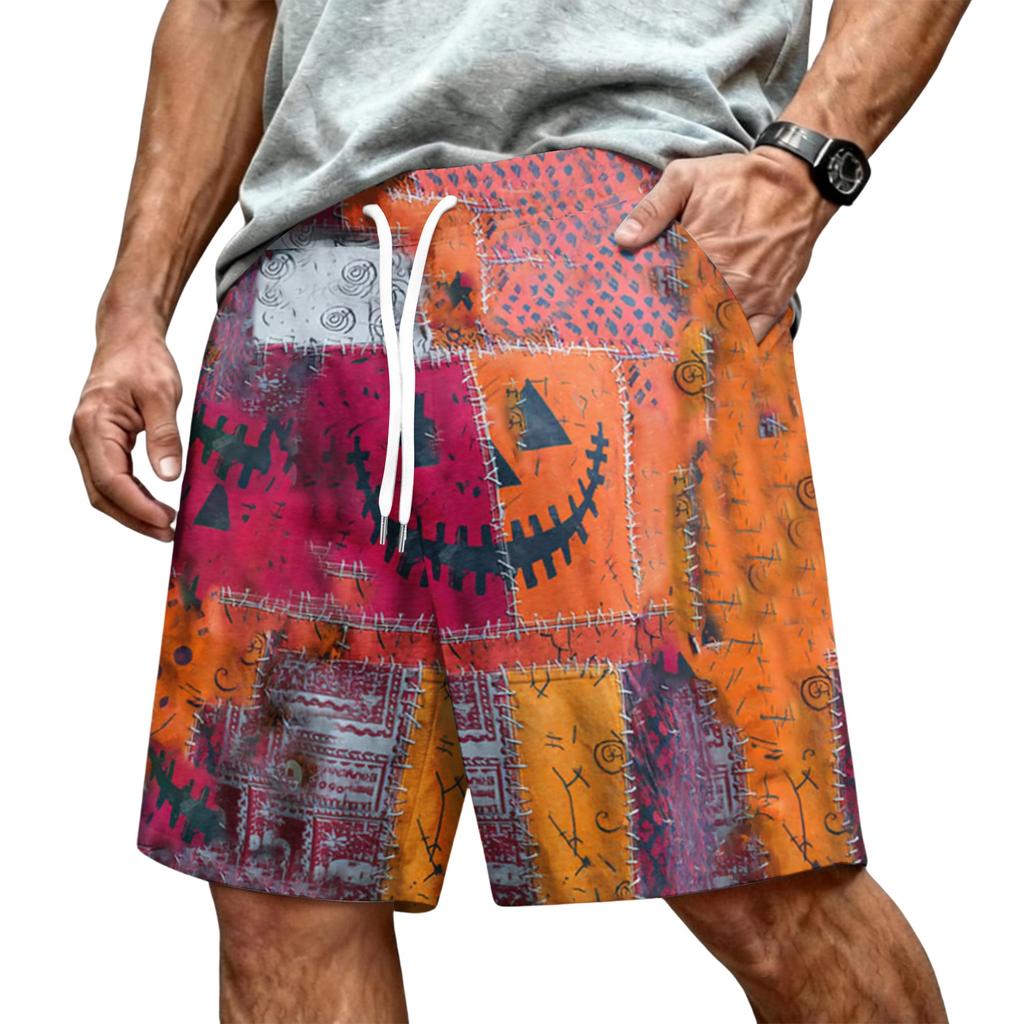 Men Casual Drawstring Waist Shorts Halloween Pumpkin Print Relaxed Fit Lightweight Comfortable Beach Shorts