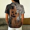 Women's Casual Button Short Sleeve Collar Top with Halloween Print