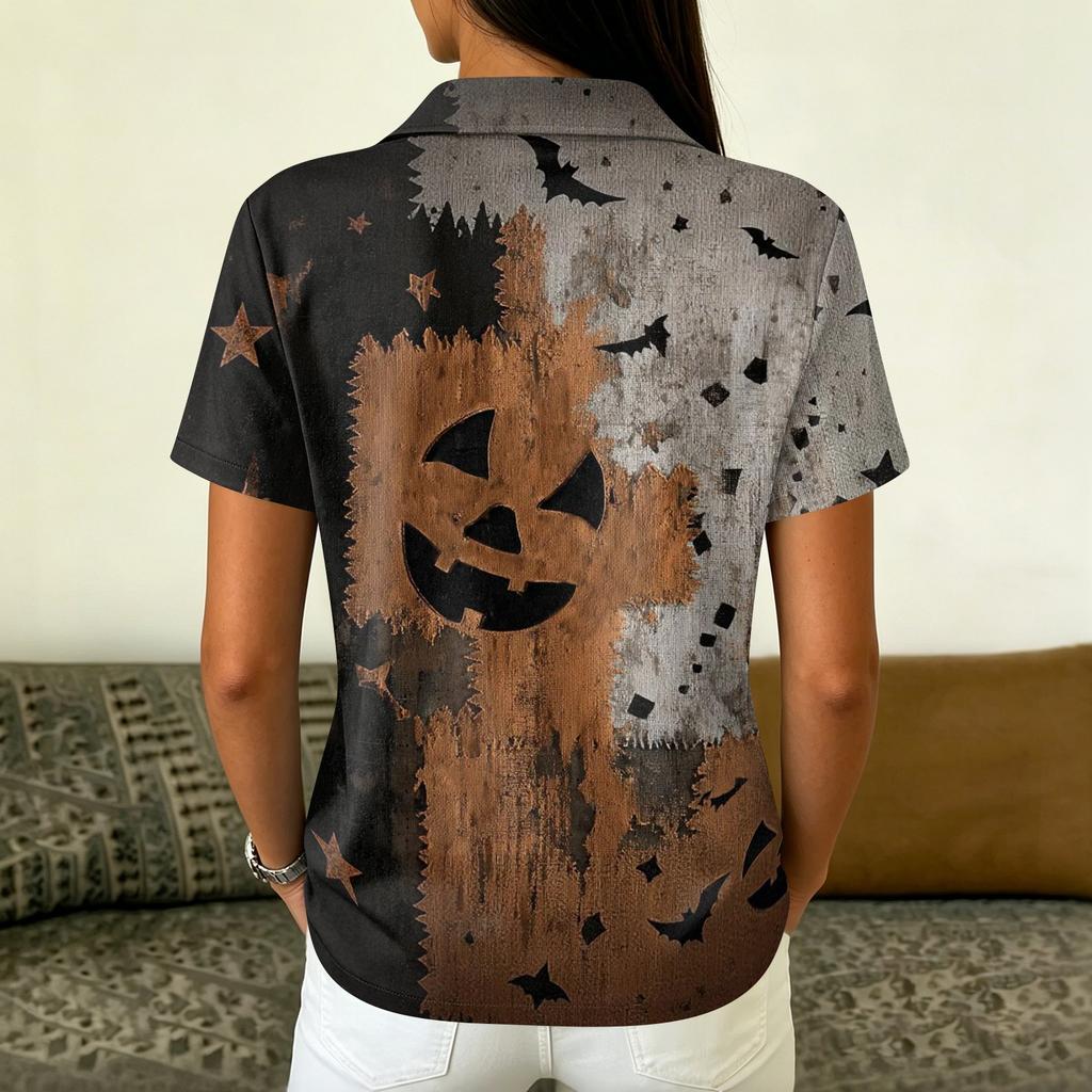 Women's Casual Button Short Sleeve Collar Top with Halloween Print