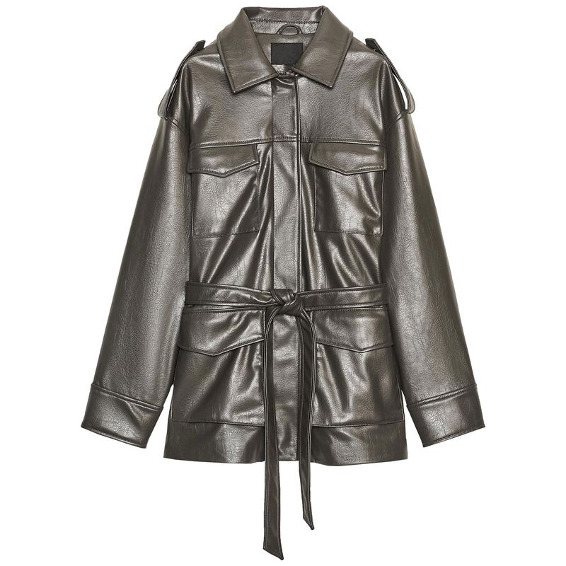 Zaprha 2025 Autumn New Lapel Long Sleeve Strap Pocket Decoration Imitation Leather Jacket All-Match Outerwear 4341766