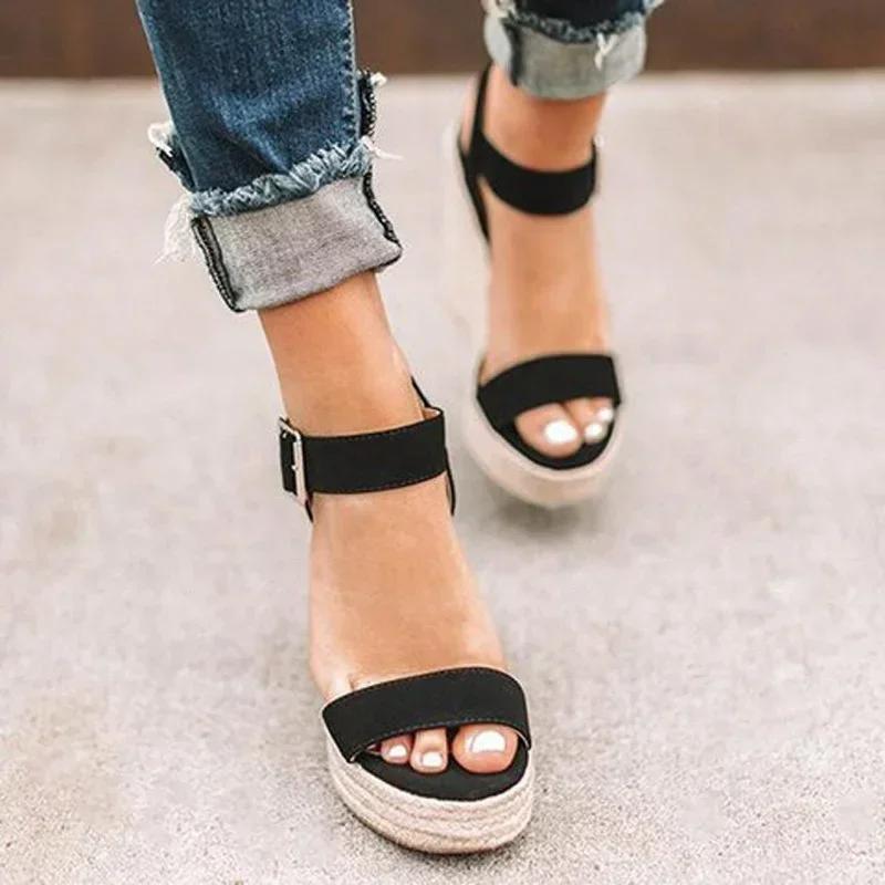 Dolgu Topuk Sandaletler 2024 Moda Örgü Platform Büyük Beden Yüksek Topuk Sandaletler Kalın Taban Retro Açık Burun Kadın Ayakkabıları