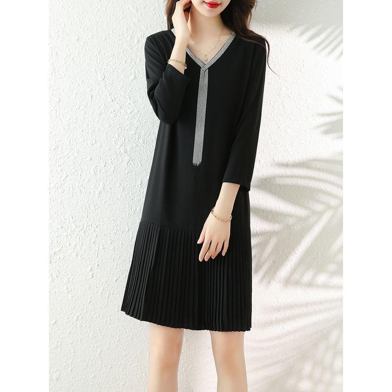 

European Station Loose Younger Chiffon Long Sleeve Black Dress Black XL