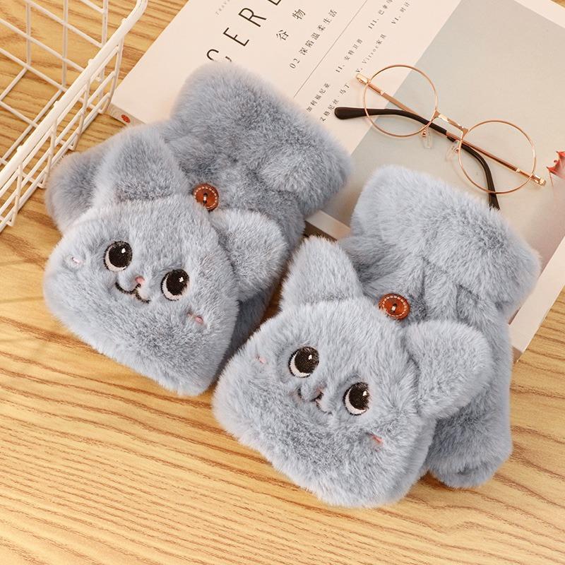 Women Plush Warm Glove Fur Lovely Rabbit Cat Mittens Flip Fingerless Gloves Soft Female Thick Gloves Flexible Half Finger Winter