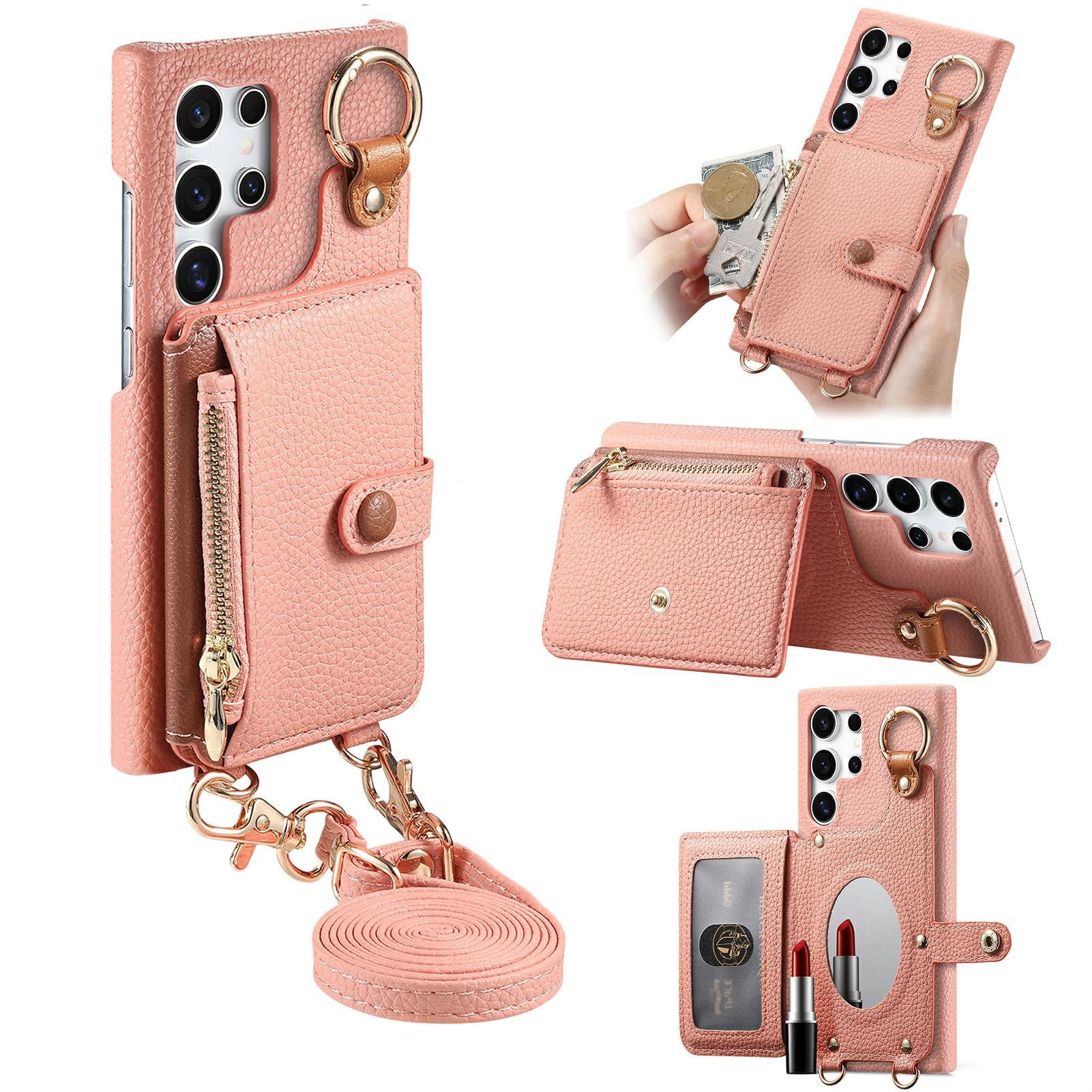 

Для Samsung Galaxy S23 Ultra Шкіряна Задня Кришка Телефону Кишеня на Блискавці для Карт Підставка з Дзеркалом та Довгим Ремінцем Pink