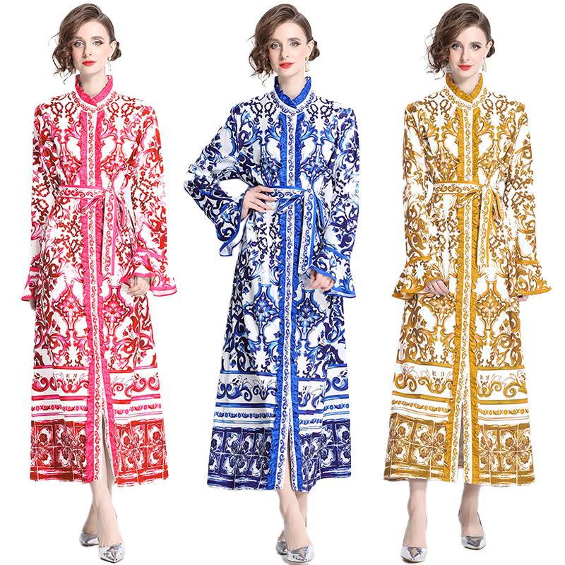 Primavera Otoño Pasarela Amarillo Rojo Azul Y Estampado Porcelana Blanca Bata Vestidos Maxi de Fiesta para Mujer con Volantes Manga Larga Acampanada Cinturón con Cordones