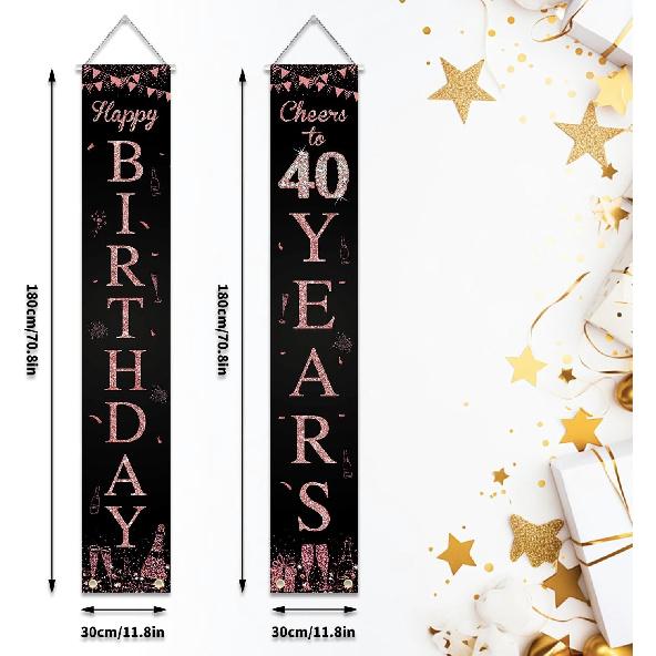 Happy 40th Birthday Door Banner Porch Sign Rose Gold, Cheers to 40 Years Birthday Party Decorations Supplies for Women