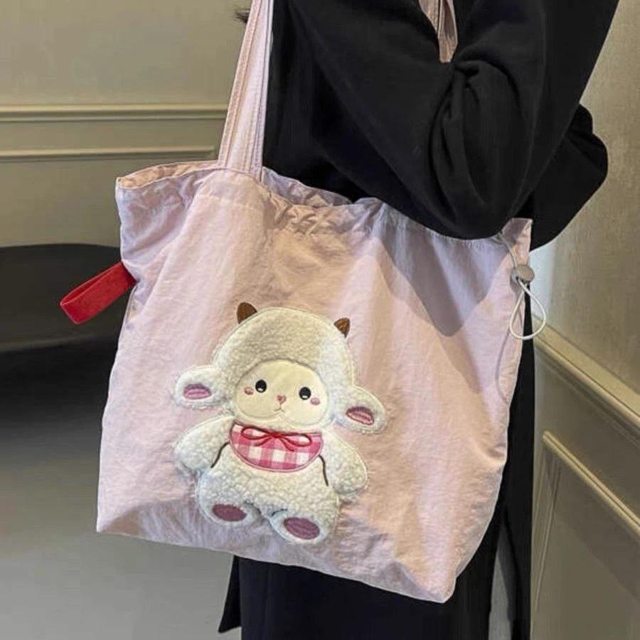 Cute Cartoon Sheep Embroidery Tote Bag Large Capacity Drawstring Shoulder Bag Casual Student Daily Commute Handbag