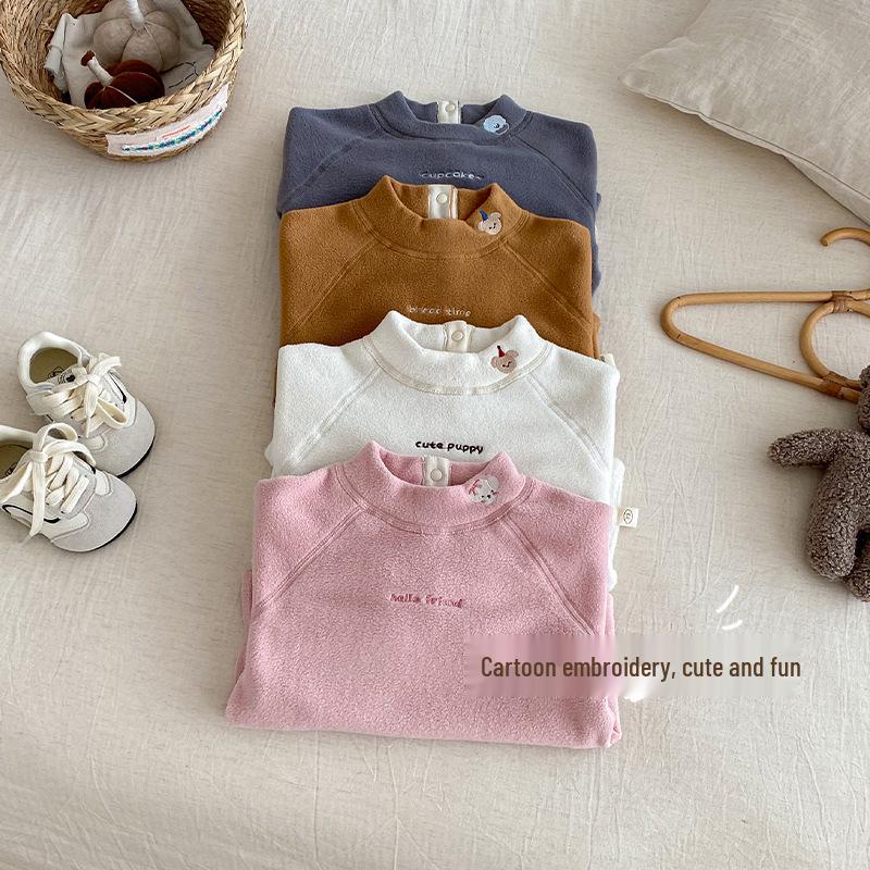 2025 Winter Kids' Fleece Base Layer: Girls' Half-High Neck, Boys' Embroidered Cartoon Top