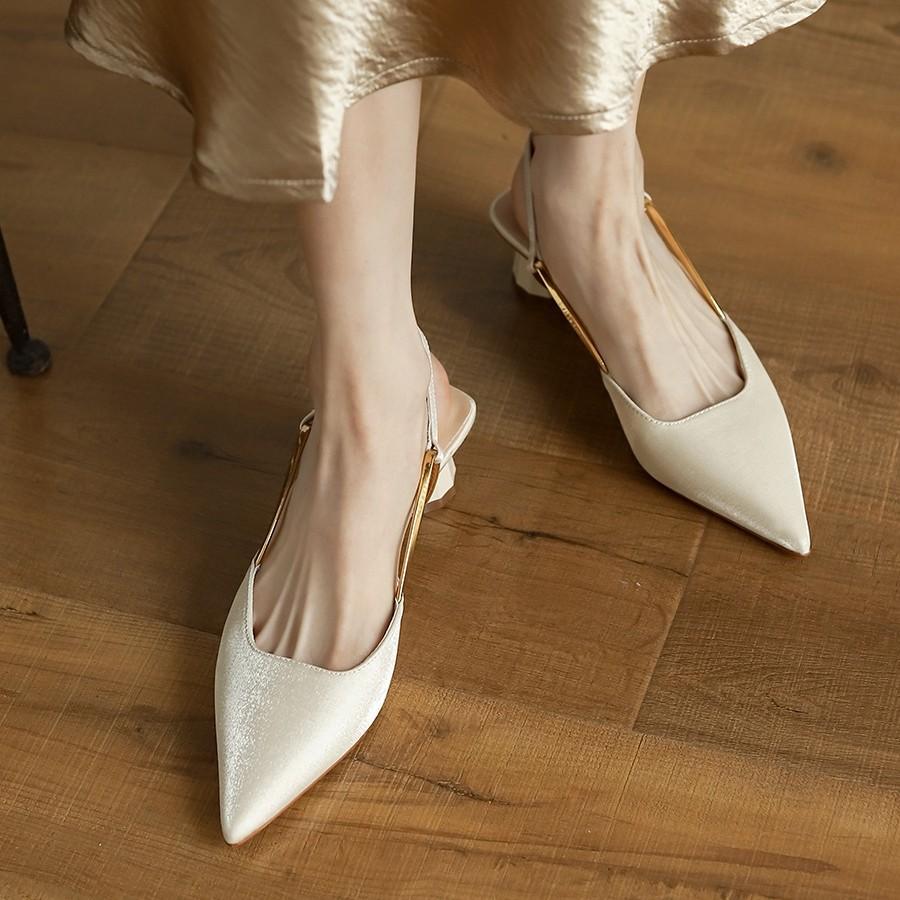 French satin temperament bag head sandals women's shoes summer 2025 new models with skirts medium high heels pointed single shoes