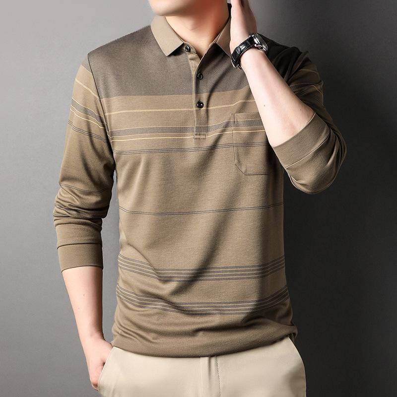 Fall Winter Men Long-Sleeved T-shirt Fashion Casual Polo Collar Striped Polo Shirt Daddy Men's Outfit Bottoming Shirt Top T-shirt Men