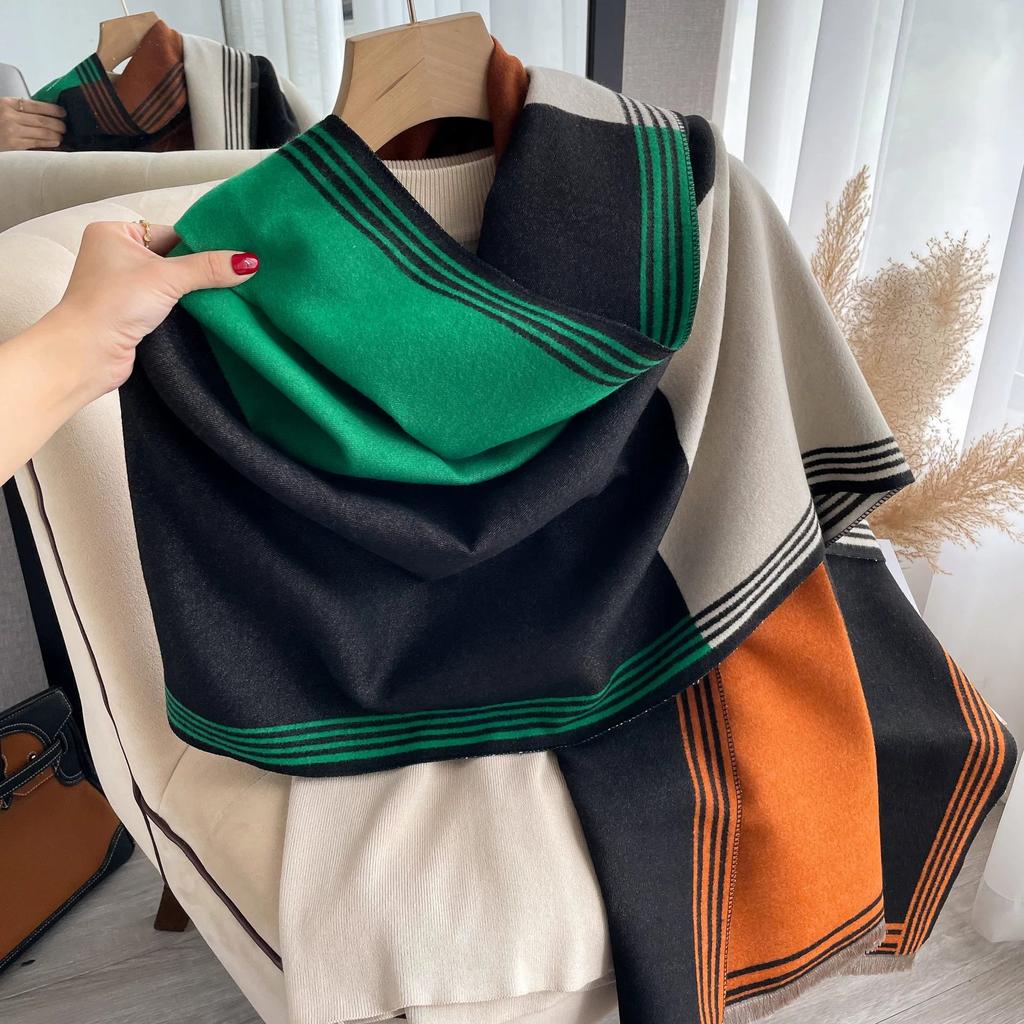 Fashion Korean-Style Colorblocked Faux Cashmere Scarf For Women Air Conditioner Shawl Elegant Thickened Cold-Proof Wrap For Autu