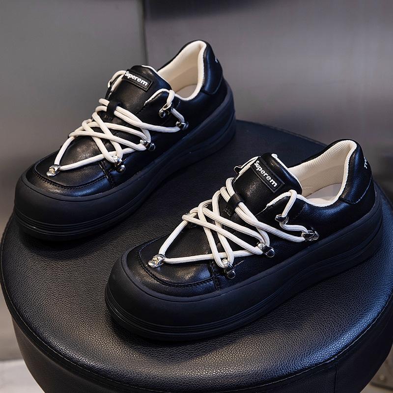 Little white shoes women's spring 2025 new casual flat-bottomed versatile leather women's shoes shallow mouth running height increase single shoes wo