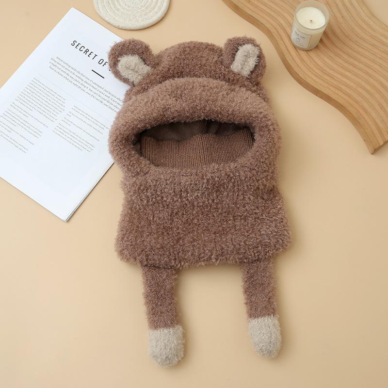 Autumn and Winter Hat Women's Bear Ears Cute Velvet Thermal Hat Scarf Integrated Ear Protection Windproof Pullover Hat