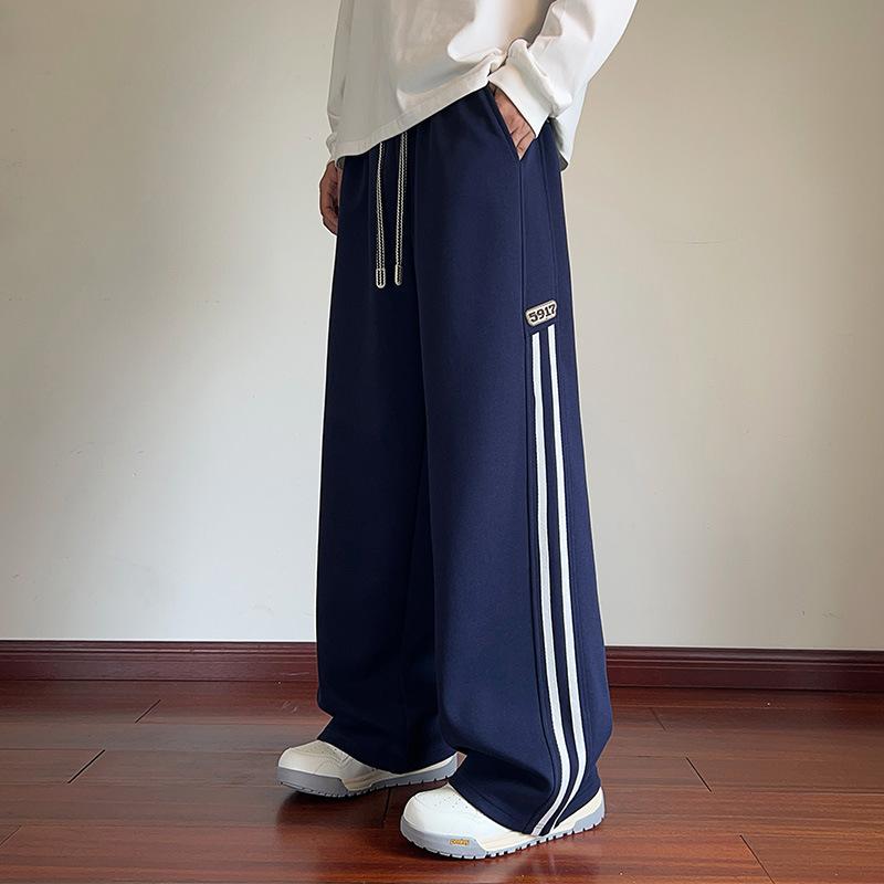 American striped contrasting cotton sweatpants men's autumn new Hong Kong style loose straight casual trousers