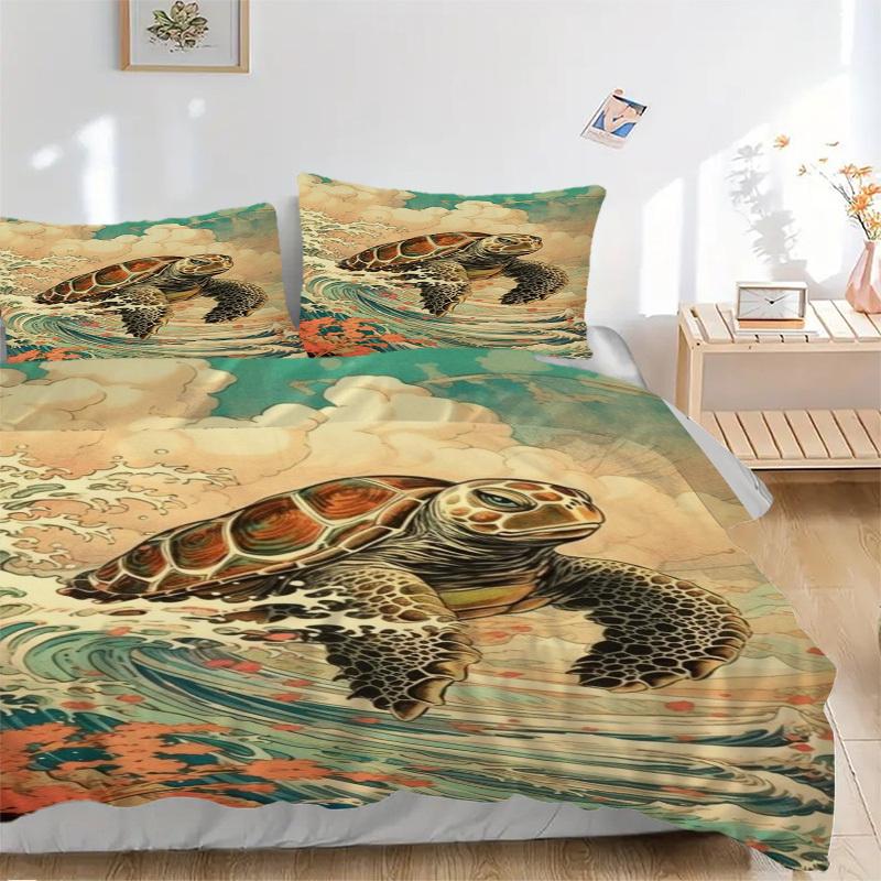

3pcs Turtle Wave Print Duvet Cover Set, 1 Duvet Cover + 2 Pillowcases (No Insert), High-Definition Print, Home & Dorm yy251123019 135x200cm