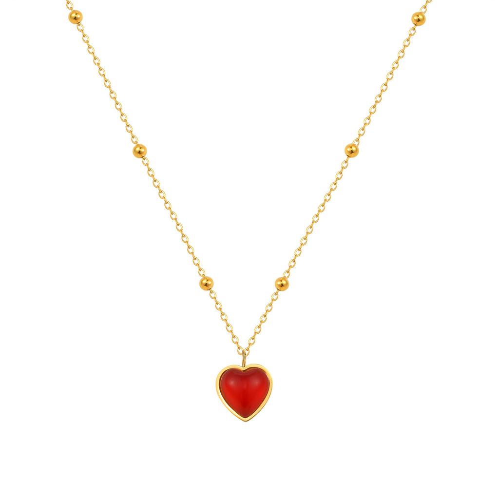 Fashion Stainless Steel Bead Chain Red Resin Heart Pendant Gold Necklace 2238