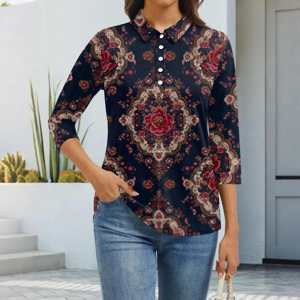 Women's Fashion Casual Lapel Short 3/4 Sleeve Print Shirt Women's Button Up Tops