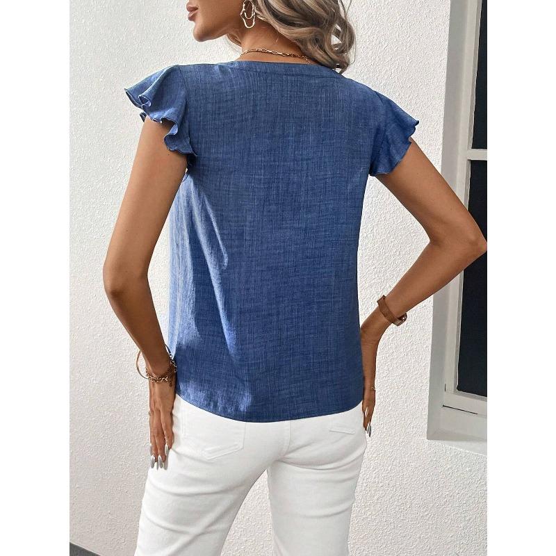 YYFS Blusas y camisas con cuello en V de manga corta con estampado de Color sólido informal de moda para mujer