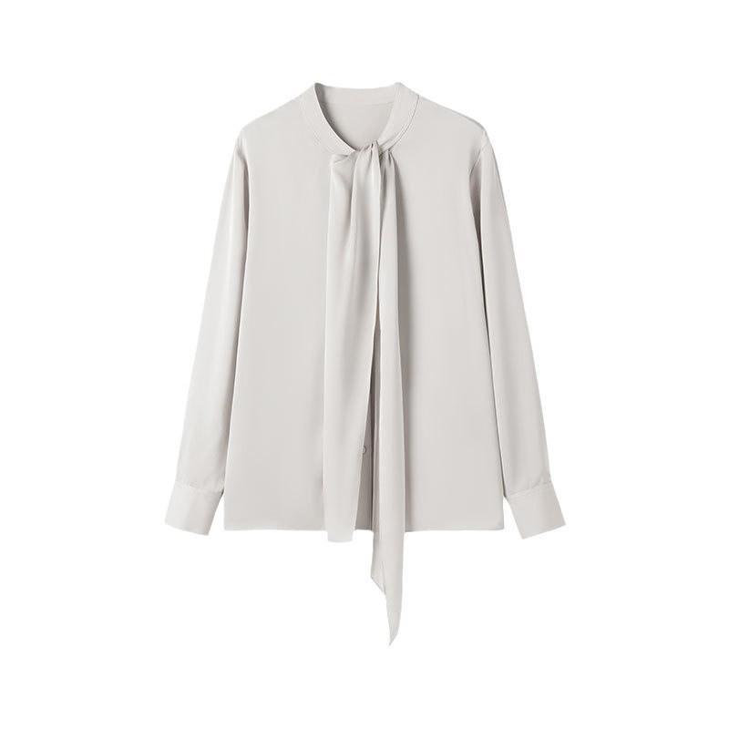 2025 Spring Women's Long Sleeve Mulberry Silk Shirt with Ribbon - Commuter Style, Slim Fit, Solid Color