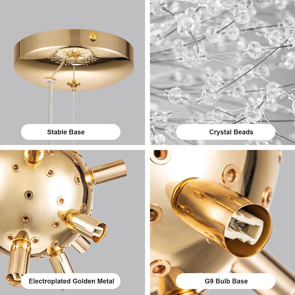 Modern Crystal Chandeliers Firework, Non-dimmable, 12-Light Gold Dandelion Sputnik Ceiling Light Fixtures, for Bedroom Living Room