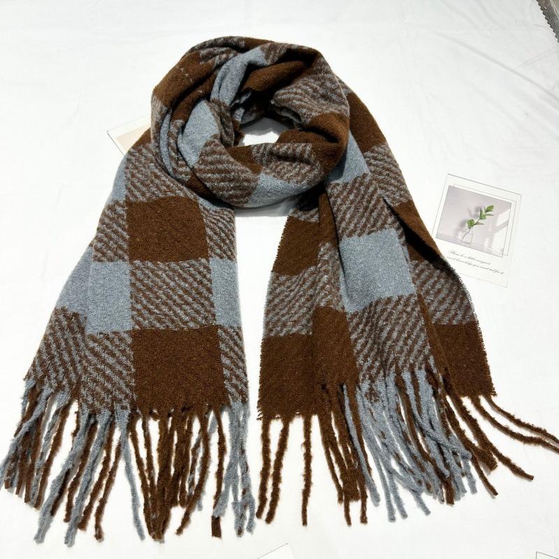 Neuer Temperament Koreanischer Stil Weiß Blau Karierter Schal Damen Winter Warm Imitation Kaschmir Quaste Schal