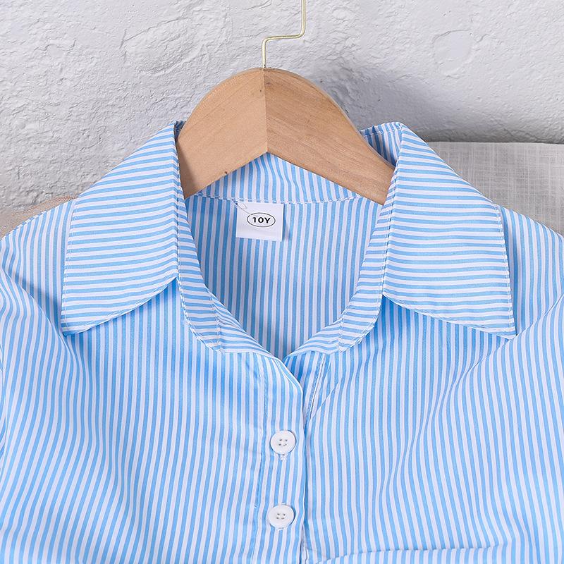 Girls' Casual Set 2025 Autumn Children's Fashion Striped Long-sleeved, Cinched Waist Pleated Shirt and Trousers