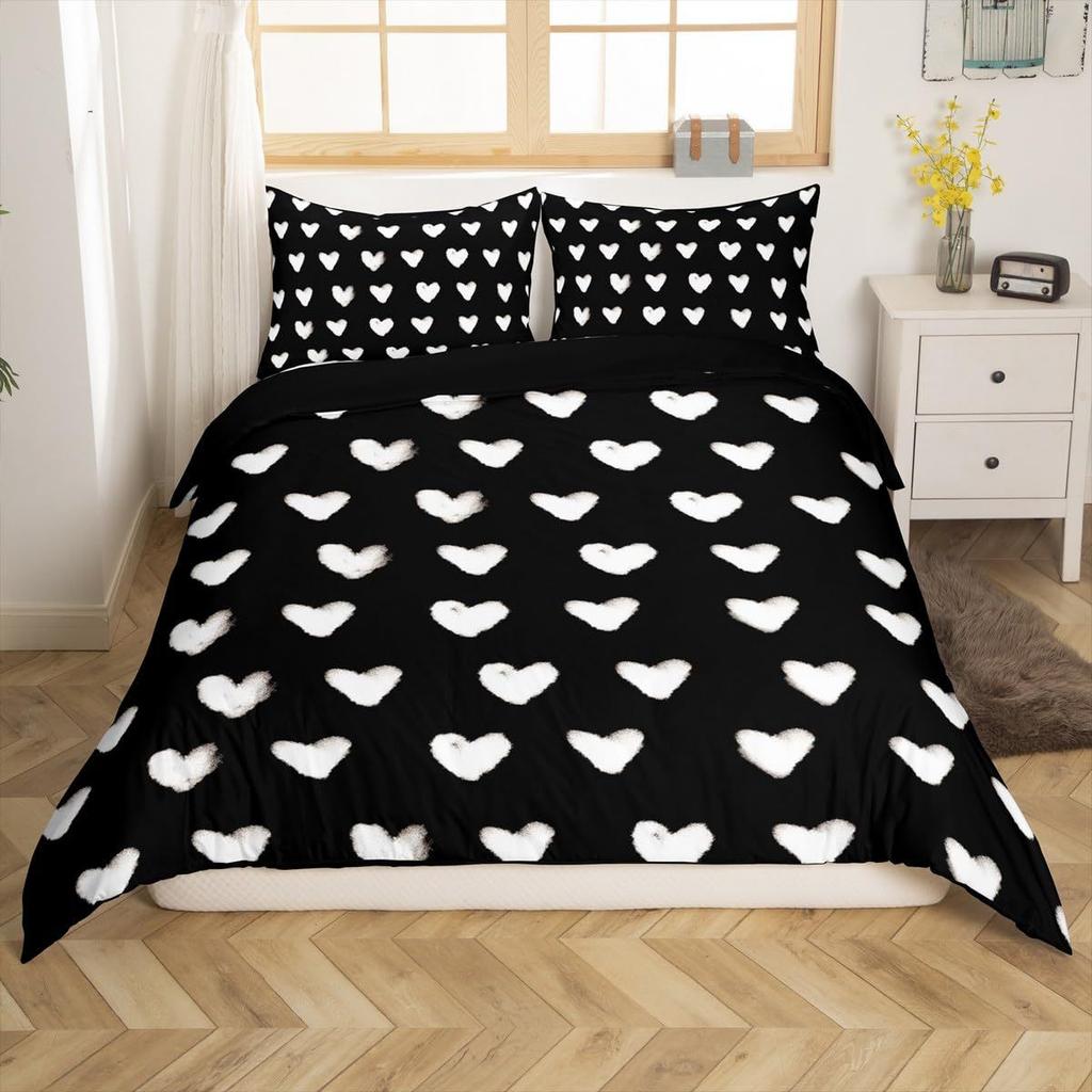 3 Pieces Bedding Set With Zipper Closure Red Heart Duvet Cover Queen Love Heart Pattern White Comforter Covers Set Cute Print